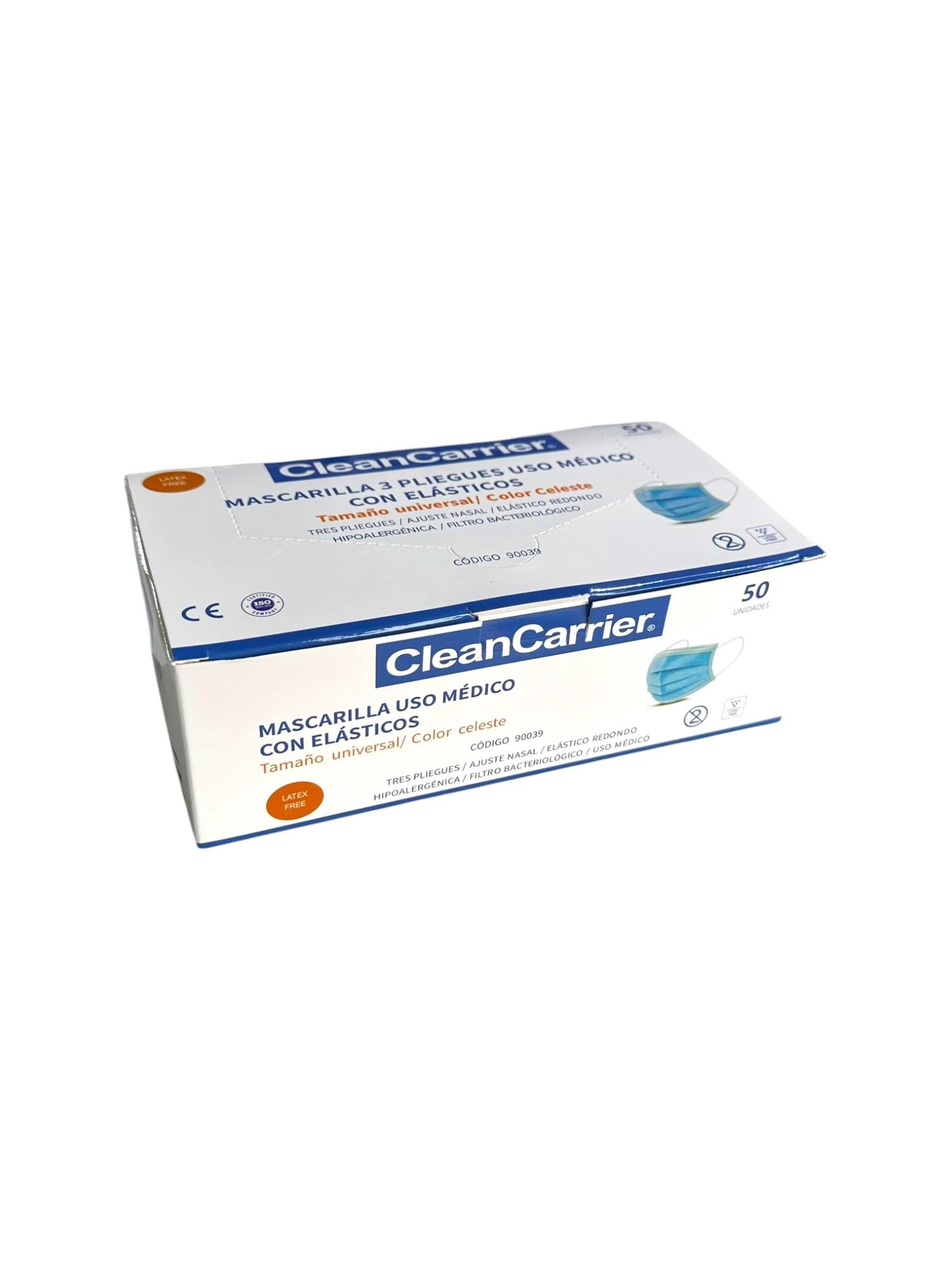 Mascarillas Celestes tres pliegues 50UD CleanCarrier