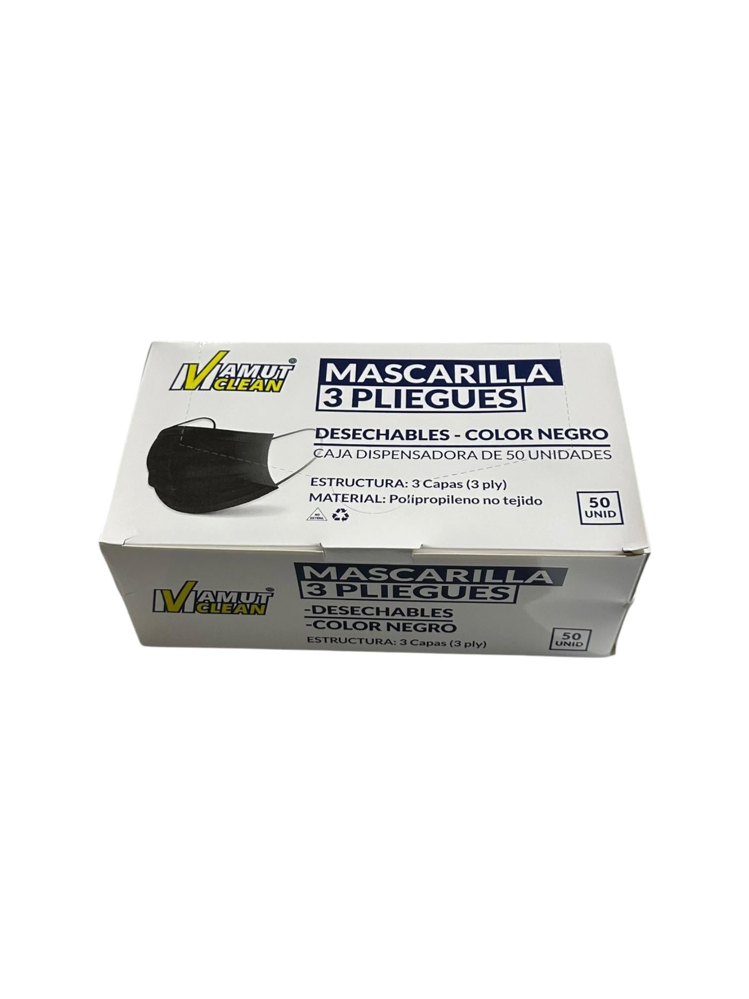 Mascarillas Tres Pliegues Negro 50ud MamutClean
