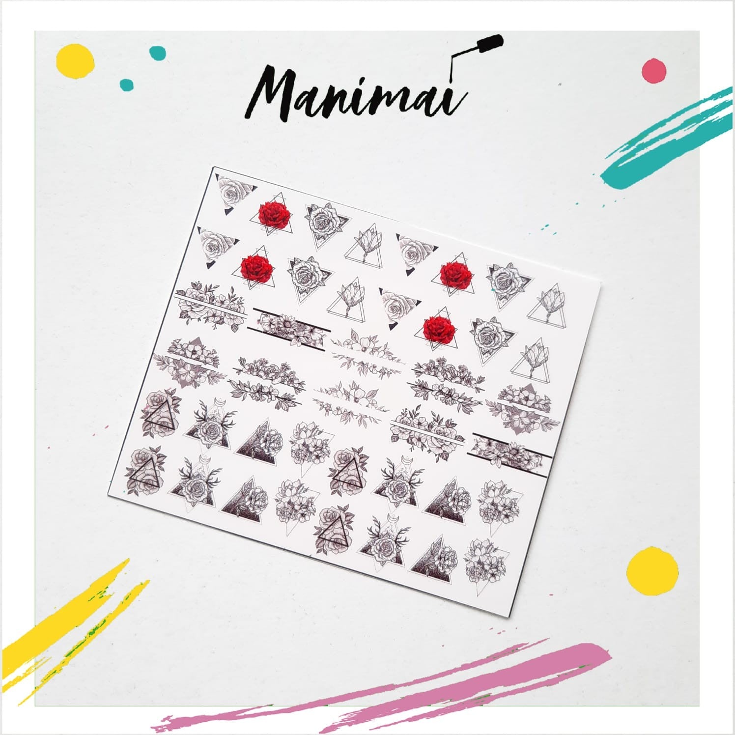 Tatuaje al agua flores y triangulos M  Miawsticker